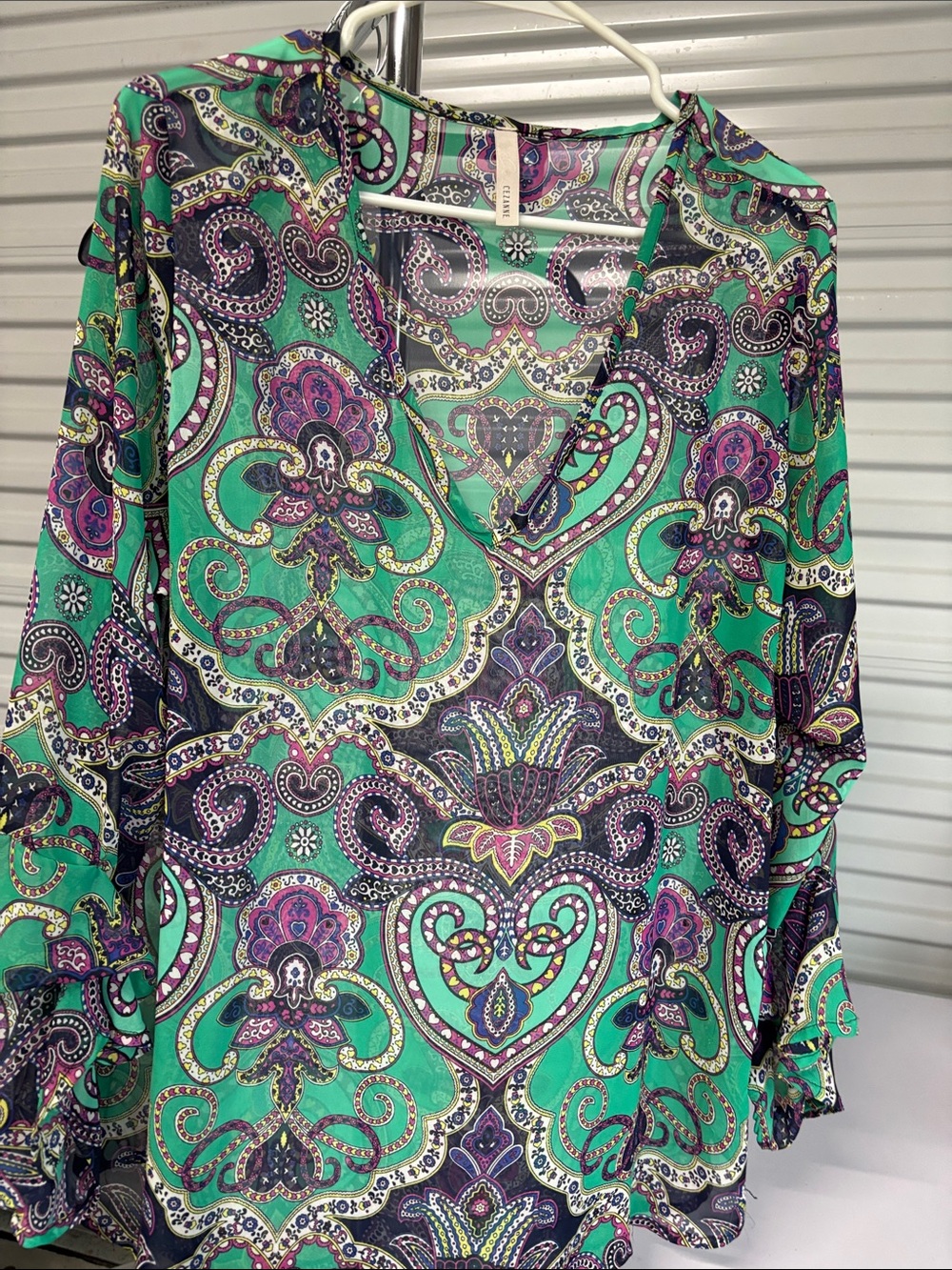 cezanne Green Paisley V-Neck Tunic with Purple Accents